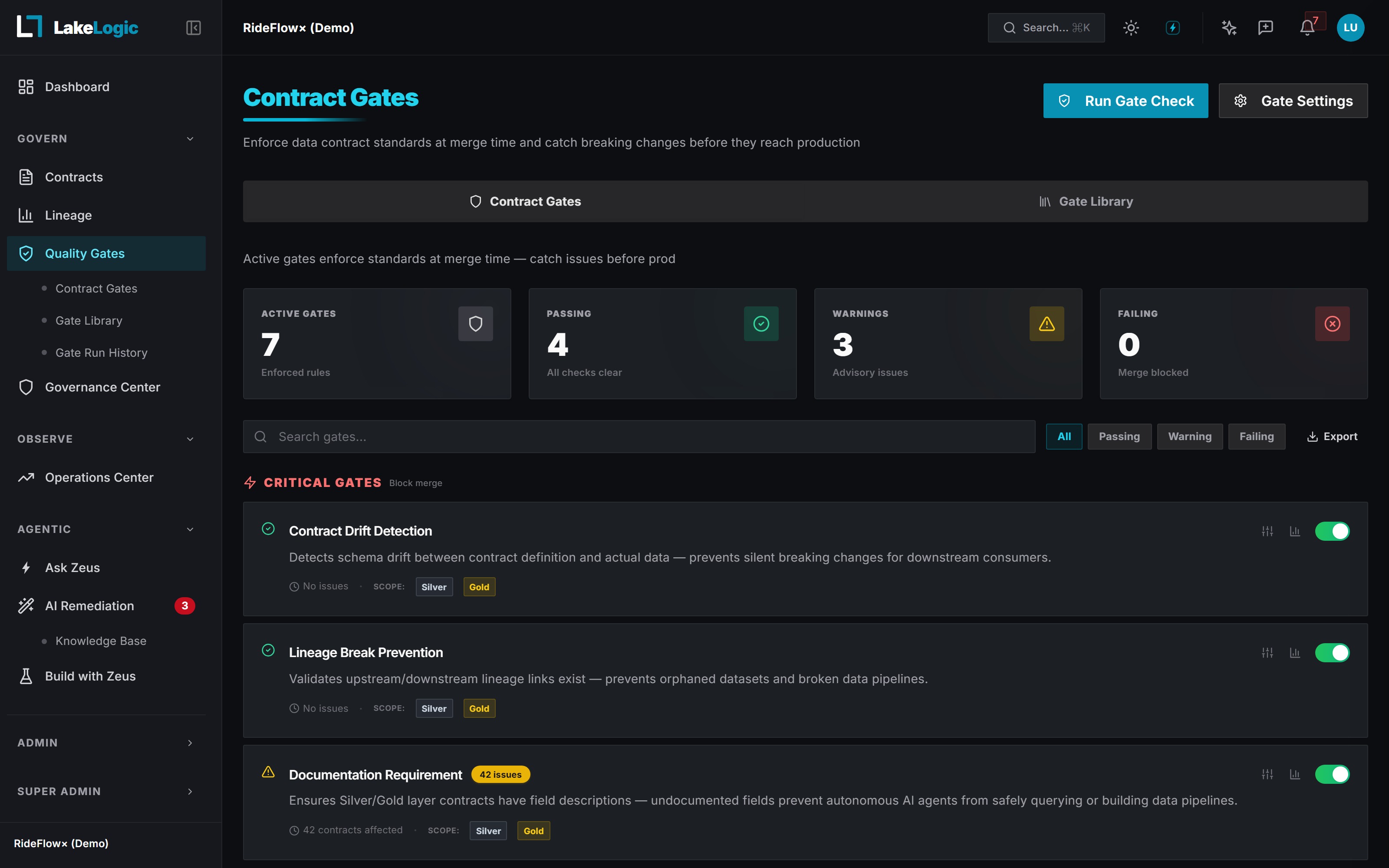 LakeLogic Contract Gates walkthrough — PR-time policy enforcement